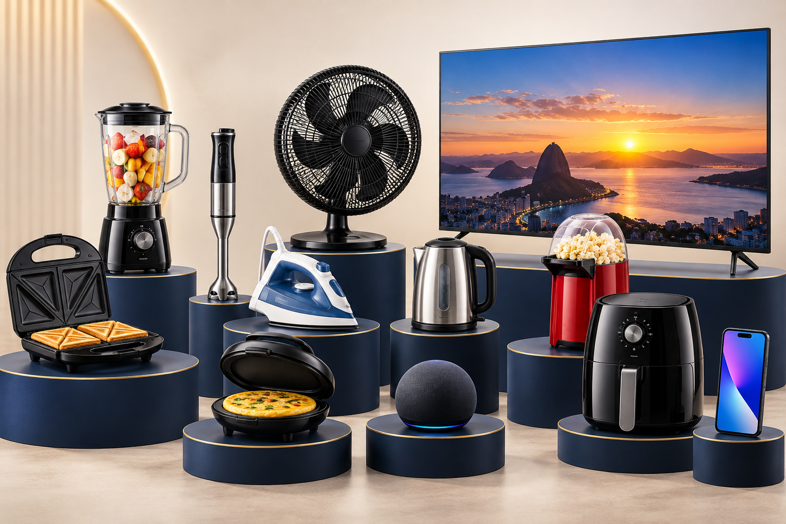 Composição ilustrativa dos prêmios: sanduicheira, liquidificador, mixer, ferro, ventilador, chaleira, pipoqueira, omeleteira, Alexa, air fryer, celular e TV